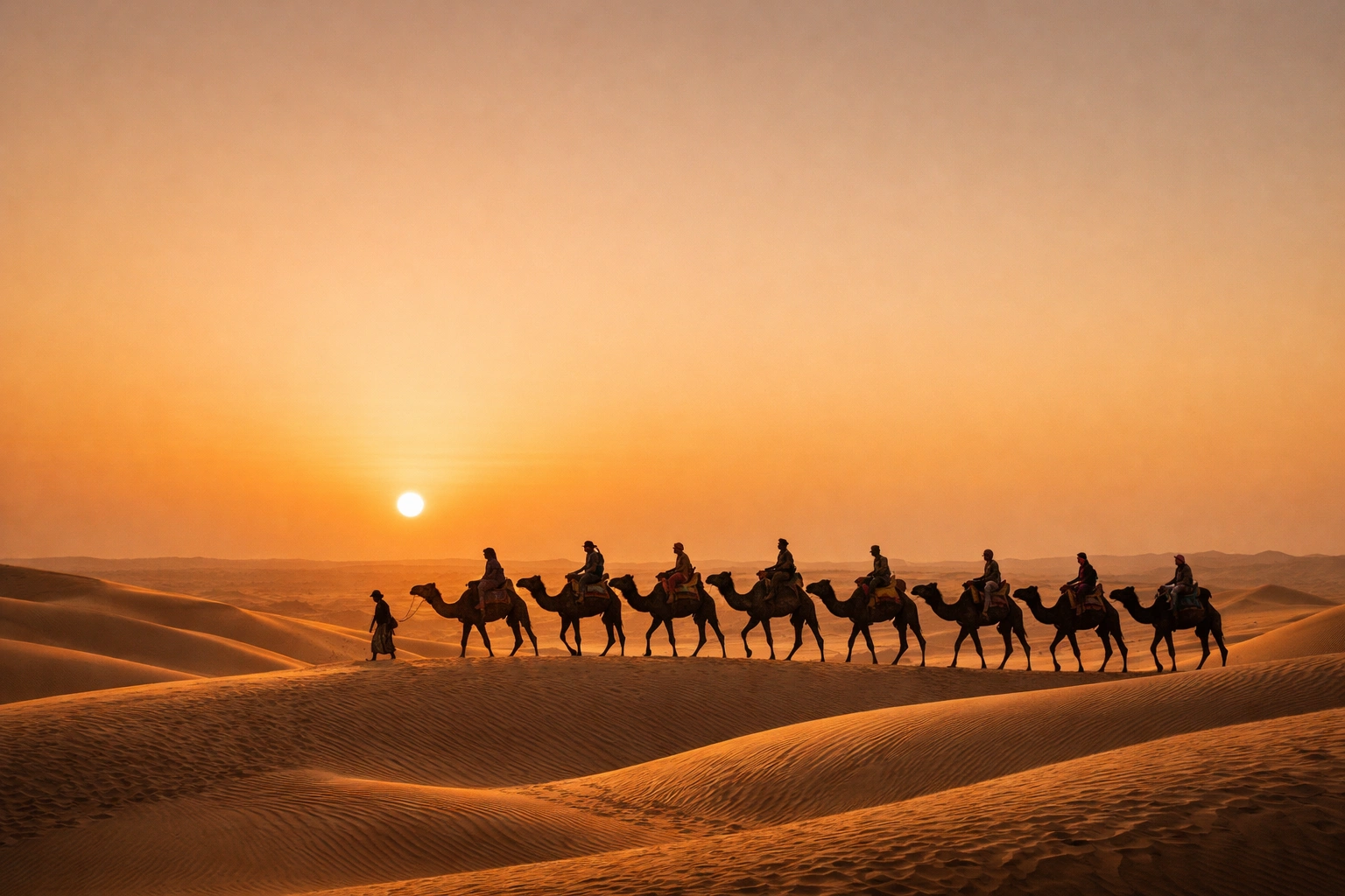 Camel safari across golden dunes